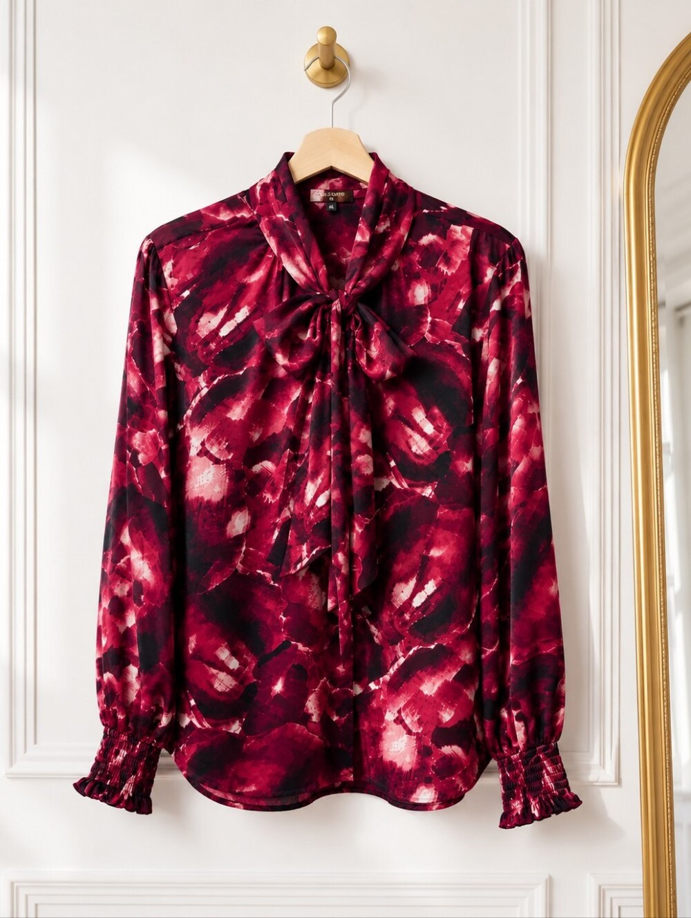 Eva Longoria Floral Tie Neck Blouse | XL | Burgundy Pink Long Sleeve Career Top - Picture 5 of 8